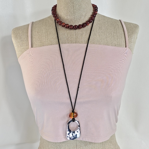 Free People Right On Time Pendant Necklace Brown Silver Tone Boho - Picture 1 of 5